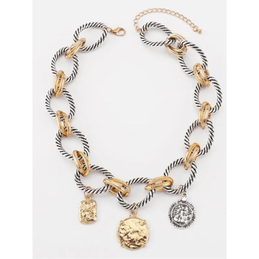 Zara Stainless Steel Two Tone Coin Statement Necklace Chunky Vintage Luxe Boho - Picture 6 of 15